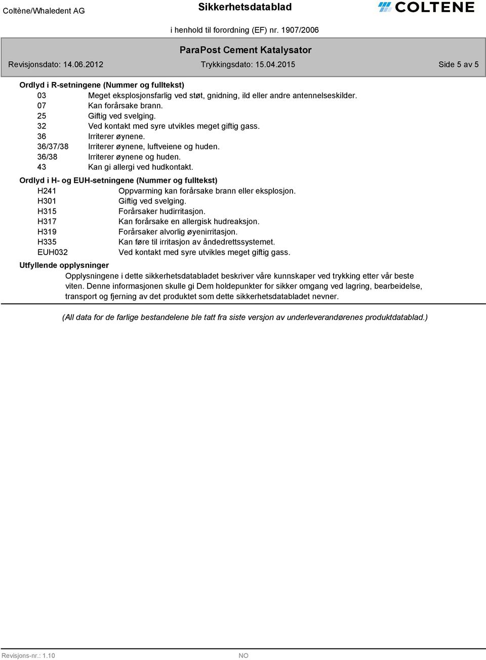 Ordlyd i H- og EUH-setningene (Nummer og fulltekst) H241 Oppvarming kan forårsake brann eller eksplosjon. H301 Giftig ved svelging. H315 Forårsaker hudirritasjon.