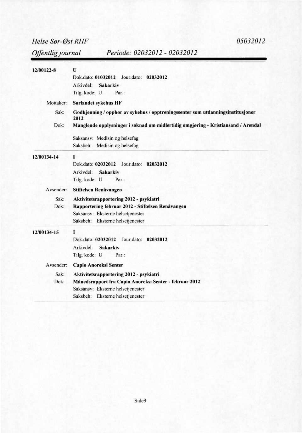 Renåvangen Sak: Aktivitetsrapportering 2012 - psykiatri Dok: Rapportering februar 2012 - Stiftelsen Renåvangen 12/00134-15