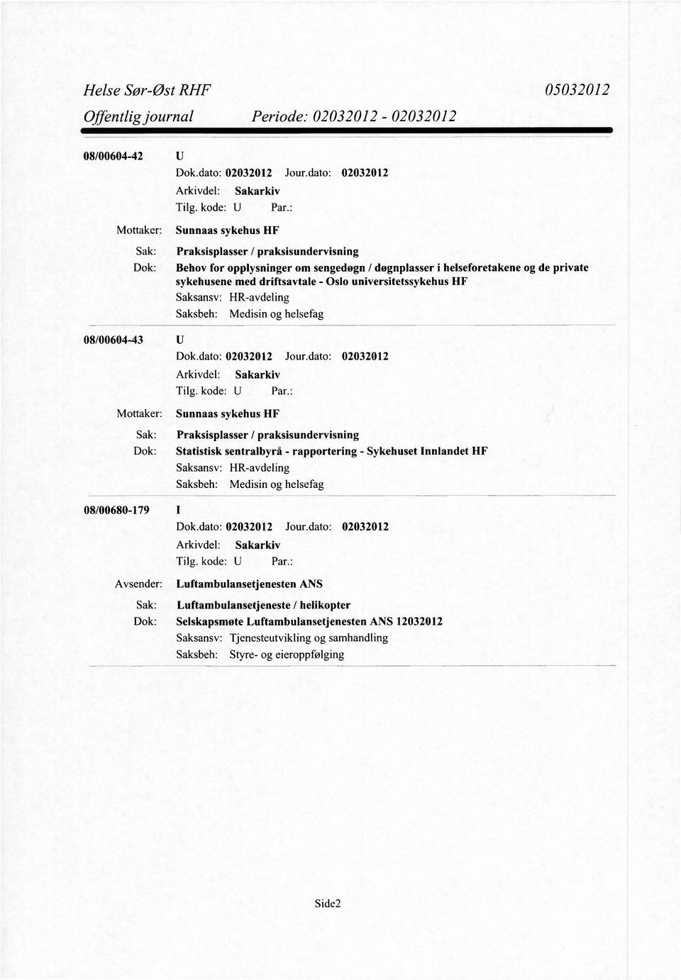 Praksisplasser / praksisundervisning Dok: Statistisk sentralbyrå - rapportering - Sykehuset Innlandet HF HR-avdeling 08/00680-179 1 Avsender: