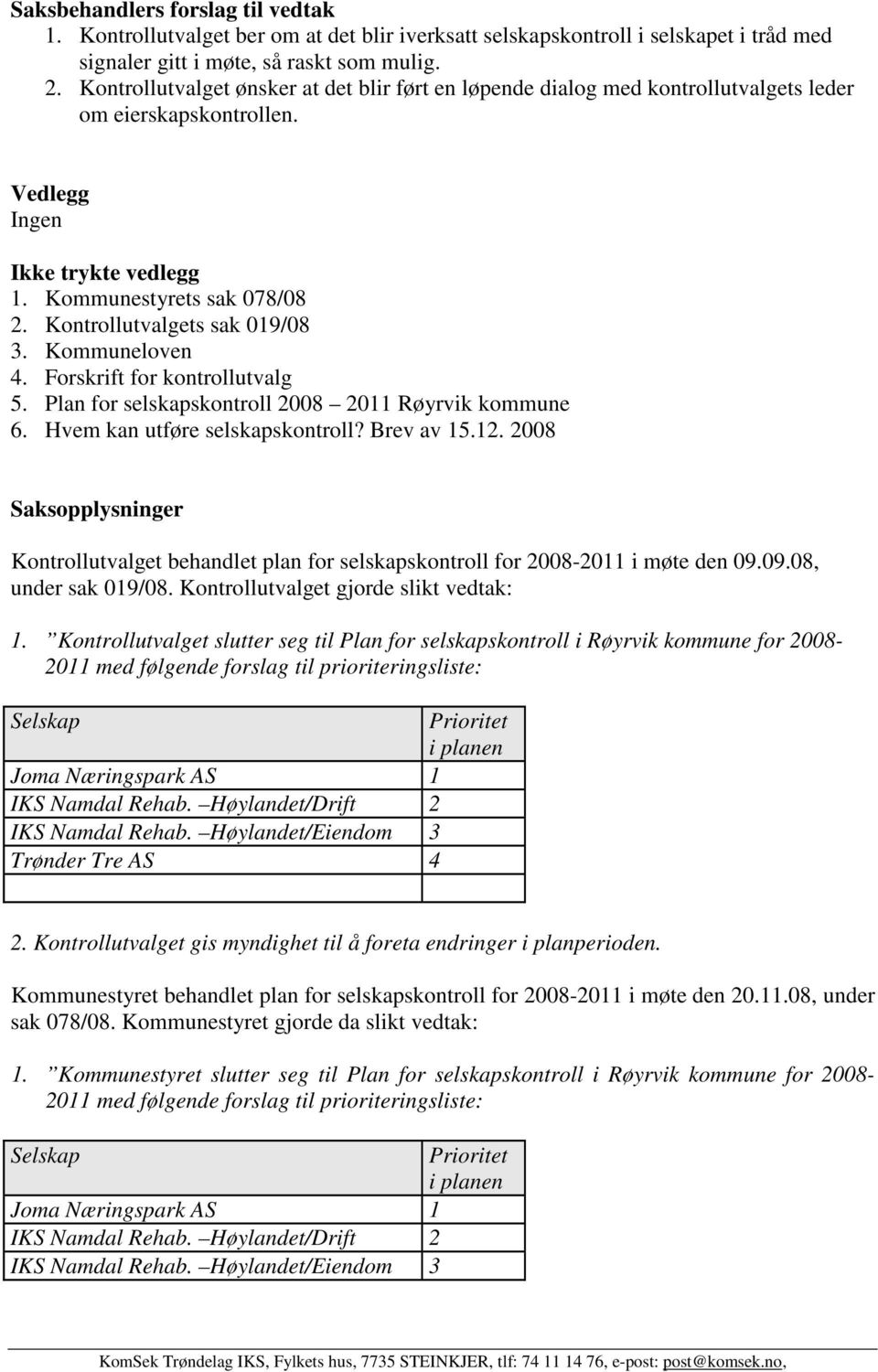 Forskrift for kontrollutvalg 5. Plan for selskapskontroll 2008 2011 Røyrvik kommune 6. Hvem kan utføre selskapskontroll? Brev av 15.12.