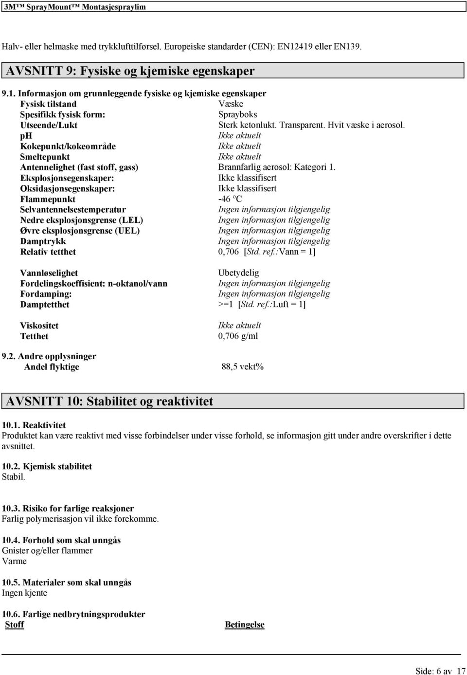 Transparent. Hvit væske i aerosol. ph Ikke aktuelt Kokepunkt/kokeområde Ikke aktuelt Smeltepunkt Ikke aktuelt Antennelighet (fast stoff, gass) Brannfarlig aerosol: Kategori 1.