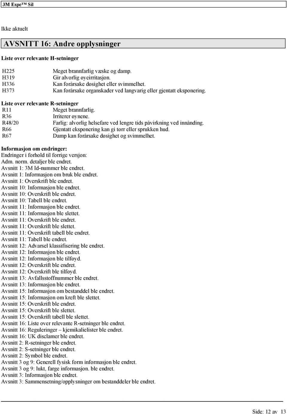 R48/20 Farlig: alvorlig helsefare ved lengre tids påvirkning ved innånding. R66 Gjentatt eksponering kan gi tørr eller sprukken hud. R67 Damp kan forårsake døsighet og svimmelhet.