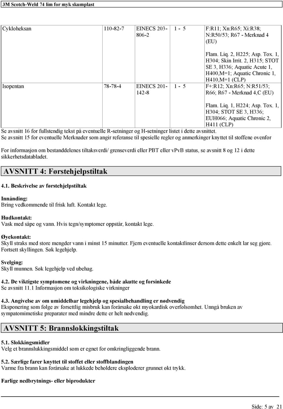 1, H304; STOT SE 3, H336; EUH066; Aquatic Chronic 2, H411 (CLP) Se avsnitt 16 for fullstendig tekst på eventuelle R-setninger og H-setninger listet i dette avsnittet.