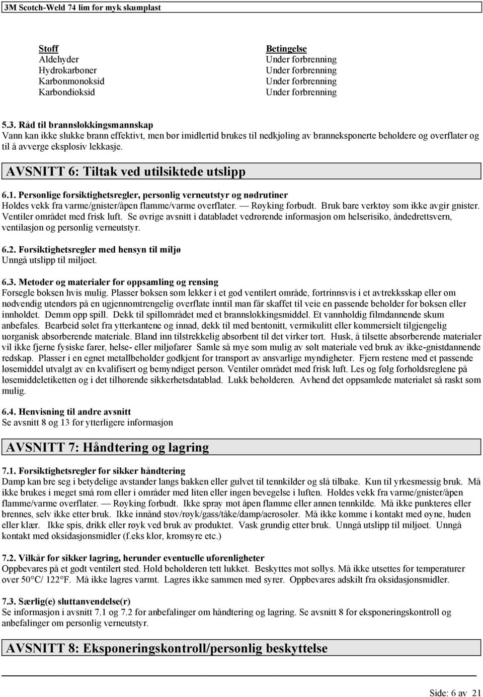 AVSNITT 6: Tiltak ved utilsiktede utslipp 6.1. Personlige forsiktighetsregler, personlig verneutstyr og nødrutiner Holdes vekk fra varme/gnister/åpen flamme/varme overflater. Røyking forbudt.