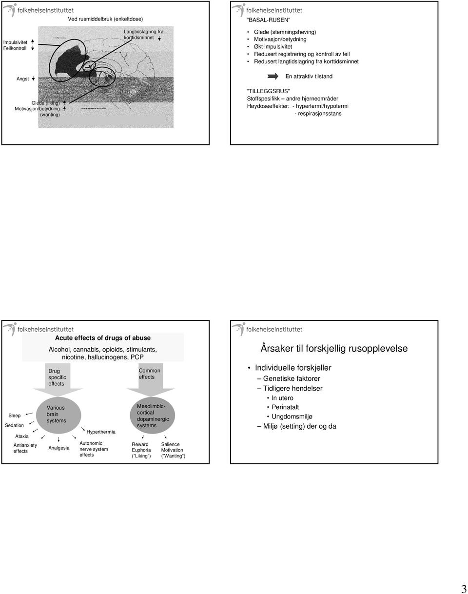 Høydoseeffekter: - hypertermi/hypotermi - respirasjonsstans Sleep Sedation Ataxia Antianxiety effects Acute effects of drugs of abuse Alcohol, cannabis, opioids, stimulants, nicotine, hallucinogens,