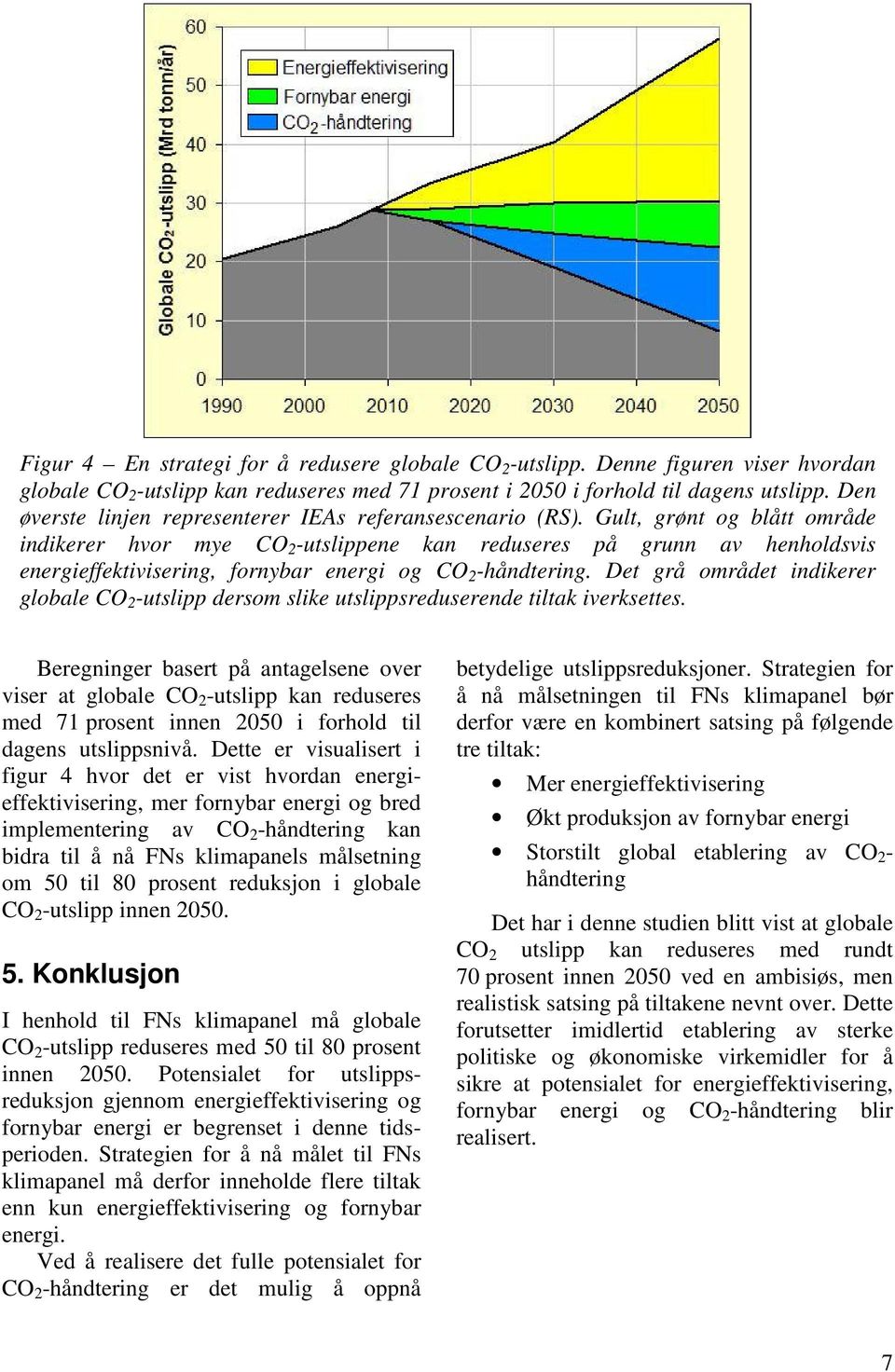 Gult, grønt og blått område indikerer hvor mye CO 2 -utslippene kan reduseres på grunn av henholdsvis energieffektivisering, fornybar energi og CO 2 -håndtering.