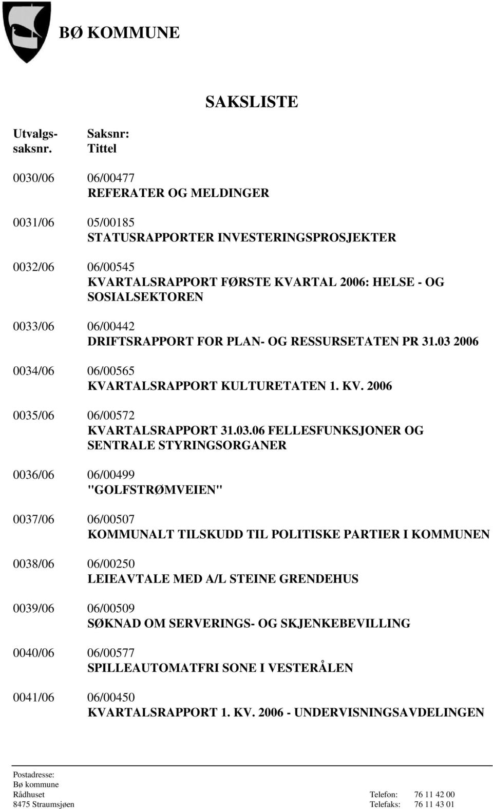 0033/06 06/00442 DRIFTSRAPPORT FOR PLAN- OG RESSURSETATEN PR 31.03 2006 0034/06 06/00565 KVARTALSRAPPORT KULTURETATEN 1. KV. 2006 0035/06 06/00572 KVARTALSRAPPORT 31.03.06 FELLESFUNKSJONER OG