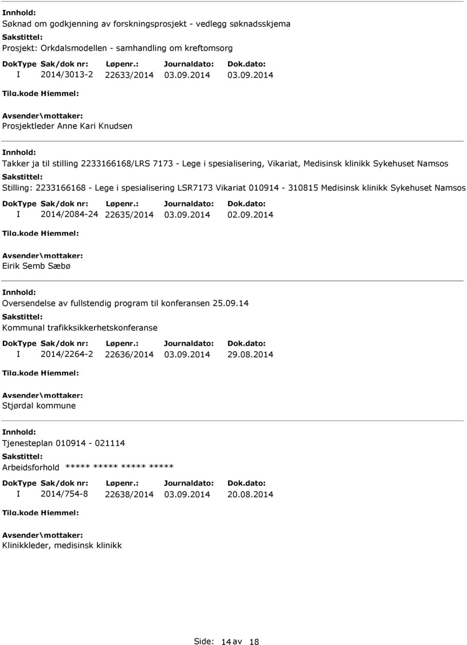 010914-310815 Medisinsk klinikk Sykehuset Namsos 2014/2084-24 22635/2014 Eirik Semb Sæbø Oversendelse av fullstendig program til konferansen 25.09.14 Kommunal trafikksikkerhetskonferanse 2014/2264-2 22636/2014 29.