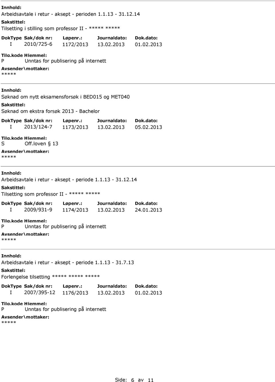 1.13-31.12.14 Tilsetting som professor - 2009/931-9 1174/2013 24.01.2013 Arbeidsavtale i retur - aksept - periode 1.1.13-31.7.13 Forlengelse tilsetting 2007/395-12 1176/2013 01.