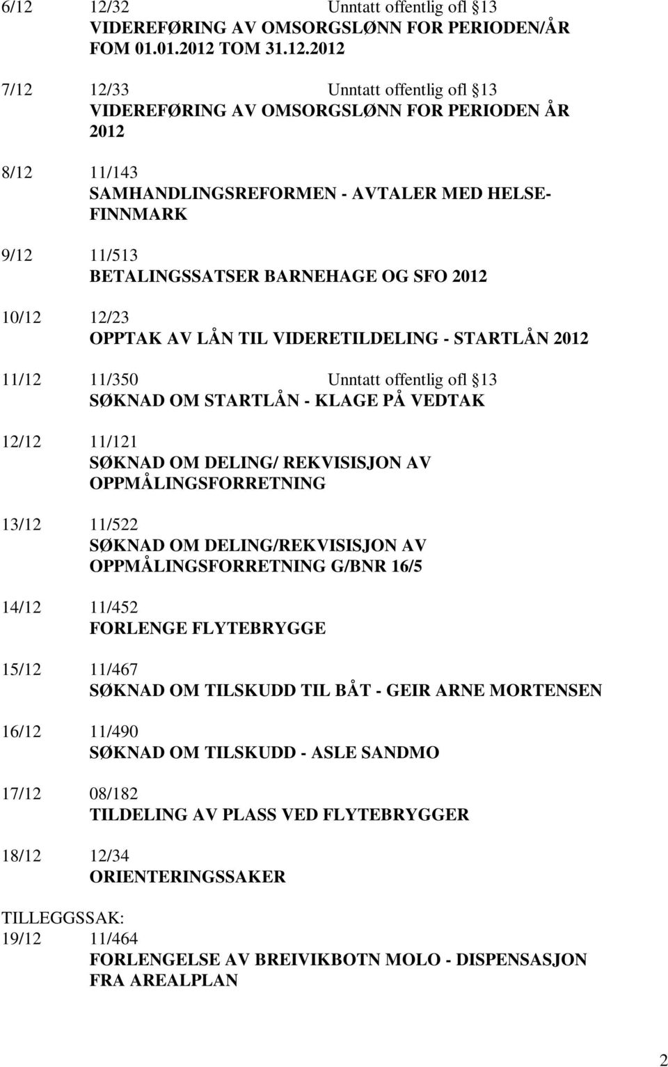 offentlig ofl 13 SØKNAD OM STARTLÅN - KLAGE PÅ VEDTAK 12/12 11/121 SØKNAD OM DELING/ REKVISISJON AV OPPMÅLINGSFORRETNING 13/12 11/522 SØKNAD OM DELING/REKVISISJON AV OPPMÅLINGSFORRETNING G/BNR 16/5