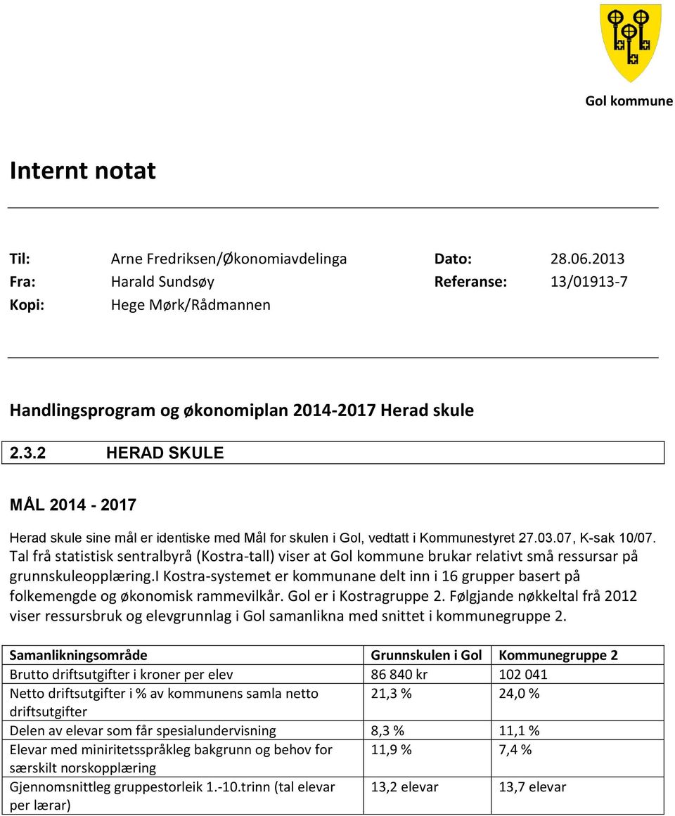 03.07, K-sak 10/07. Tal frå statistisk sentralbyrå (Kostra-tall) viser at Gol kommune brukar relativt små ressursar på grunnskuleopplæring.