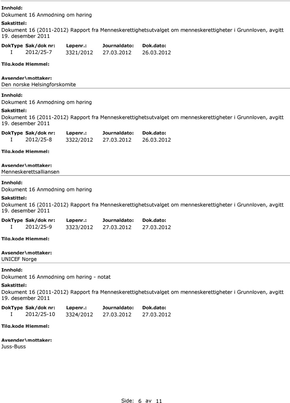 Menneskerettsalliansen Dokument 16 Anmodning om høring 2012/25-9 3323/2012