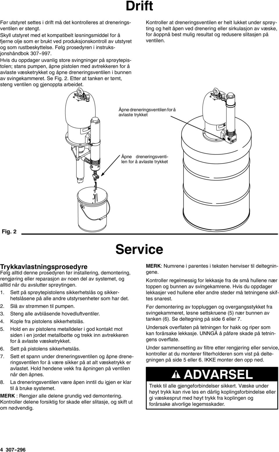 Hvis du oppdager uvanlig store svingninger på sprøytepistolen; stans pumpen, åpne pistolen med avtrekkeren for å avlaste væsketrykket og åpne dreneringsventilen i bunnen av svingekammeret. Se Fig. 2.