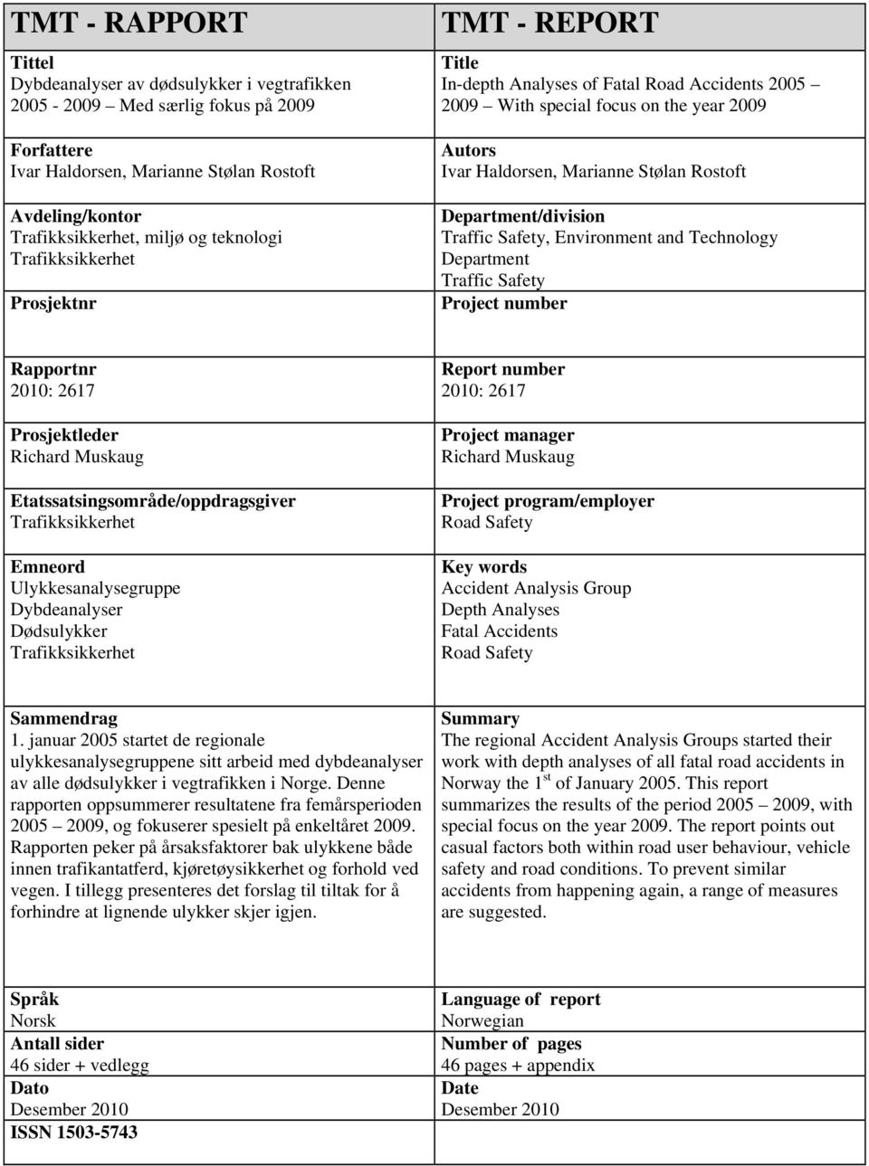 Department/division Traffic Safety, Environment and Technology Department Traffic Safety Project number Rapportnr 2010: 2617 Prosjektleder Richard Muskaug Etatssatsingsområde/oppdragsgiver