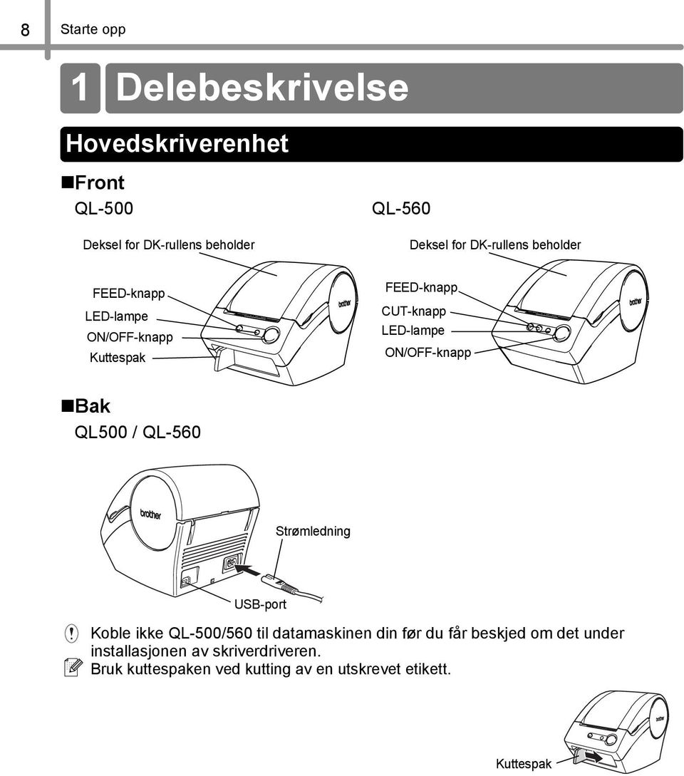 ON/OFF-knapp Bak QL500 / QL-560 Strømledning USB-port Koble ikke QL-500/560 til datamaskinen din før du får