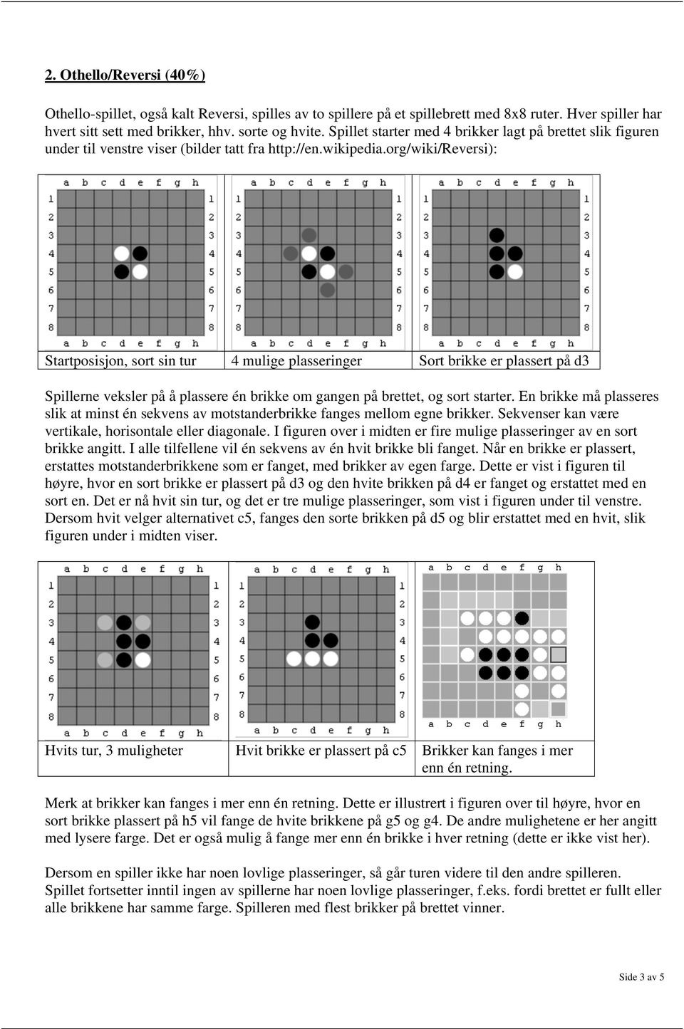 org/wiki/reversi): Startposisjon, sort sin tur 4 mulige plasseringer Sort brikke er plassert på d3 Spillerne veksler på å plassere én brikke om gangen på brettet, og sort starter.