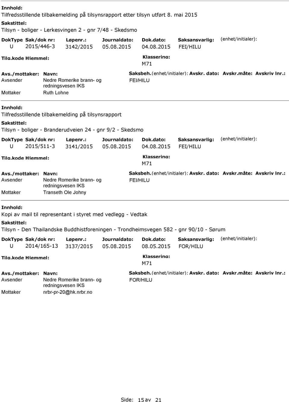 : FE/HL Mottaker Ruth Lohne Tilfredsstillende tilbakemelding på tilsynsrapport Tilsyn - boliger - Branderudveien 24 - gnr 9/2 - Skedsmo 2015/511-3 3141/2015 FE/HL Avs./mottaker: Navn: Saksbeh.