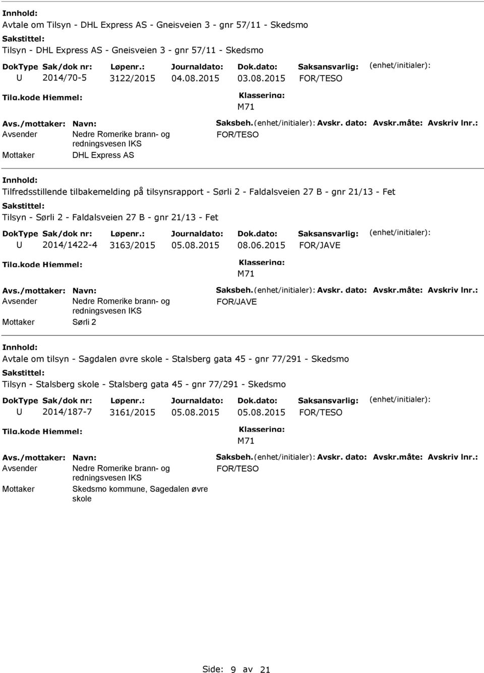 : Mottaker DHL Express AS Tilfredsstillende tilbakemelding på tilsynsrapport - Sørli 2 - Faldalsveien 27 B - gnr 21/13 - Fet Tilsyn - Sørli 2 - Faldalsveien 27 B - gnr 21/13 - Fet 2014/1422-4