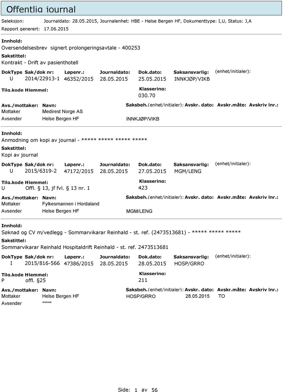 måte: Avskriv lnr.: Mottaker Medirest Norge AS NNKJØ/VKB Anmodning om kopi av journal - ***** ***** ***** ***** Kopi av journal 2015/6319-2 47172/2015 27.05.2015 MGM/LENG Avs./mottaker: Navn: Saksbeh.