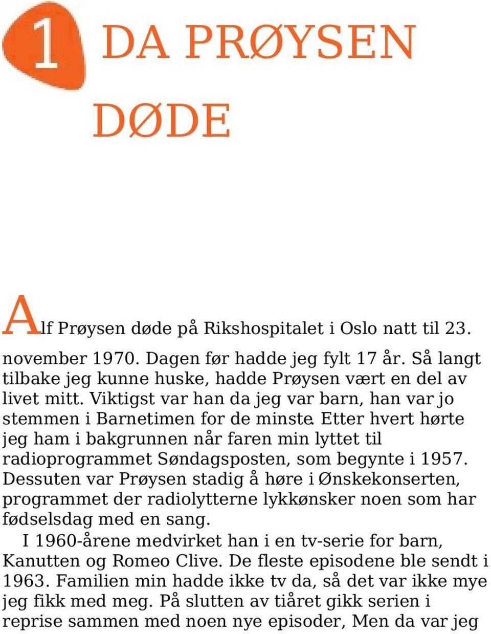 Dessuten var Prøysen stadig å høre i Ønskekonserten, programmet der radiolytterne lykkønsker noen som har fødselsdag med en sang.