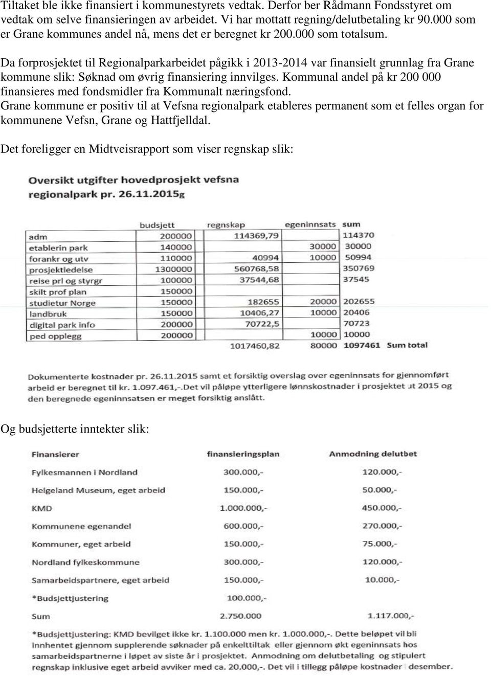 Da forprosjektet til Regionalparkarbeidet pågikk i 2013-2014 var finansielt grunnlag fra Grane kommune slik: Søknad om øvrig finansiering innvilges.