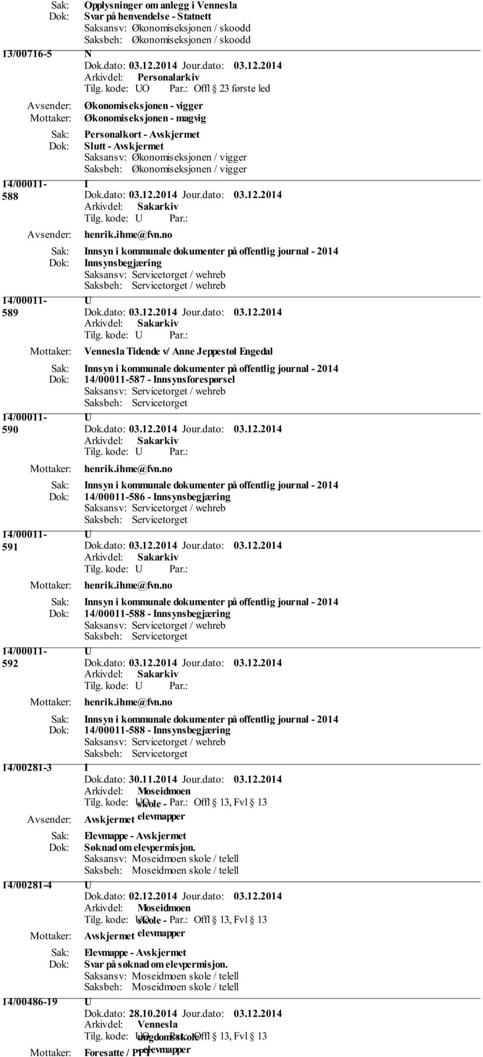 no Innsyn i kommunale dokumenter på offentlig journal - 2014 Innsynsbegjæring Saksbeh: Servicetorget / wehreb 590 591 592 Vennesla Tidende v/ Anne Jeppestøl Engedal Innsyn i kommunale dokumenter på