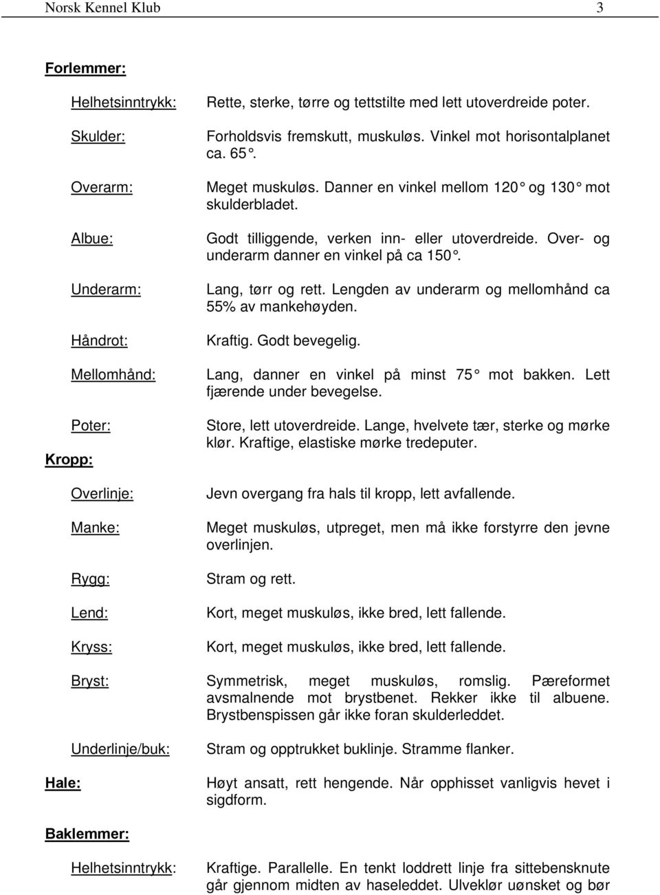 Over- og underarm danner en vinkel på ca 150. Lang, tørr og rett. Lengden av underarm og mellomhånd ca 55% av mankehøyden. Kraftig. Godt bevegelig. Lang, danner en vinkel på minst 75 mot bakken.