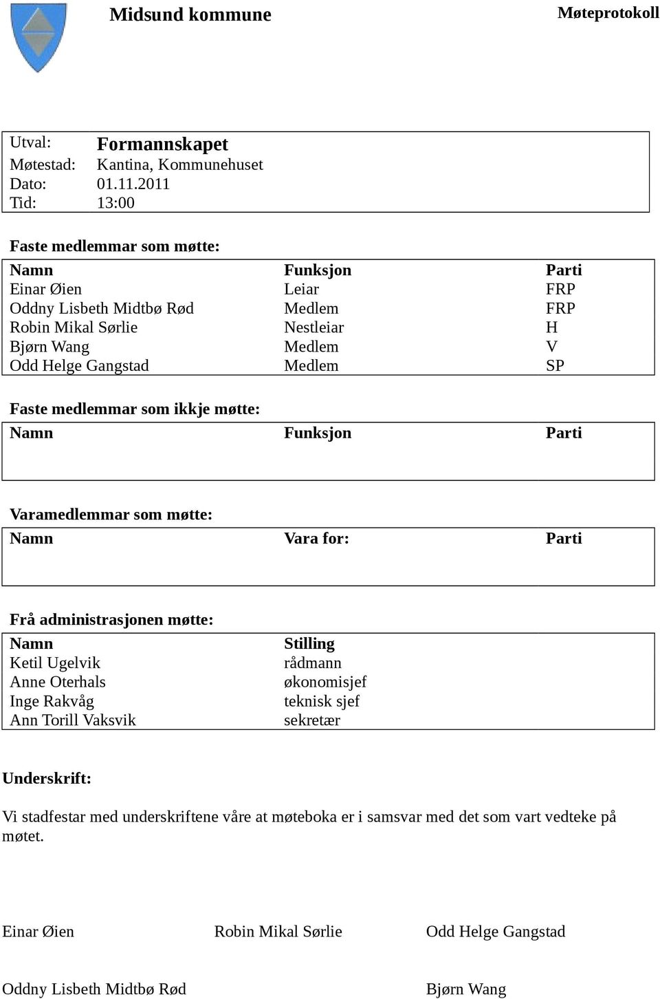 Gangstad Medlem SP Faste medlemmar som ikkje møtte: Namn Funksjon Parti Varamedlemmar som møtte: Namn Vara for: Parti Frå administrasjonen møtte: Namn Ketil Ugelvik Anne Oterhals