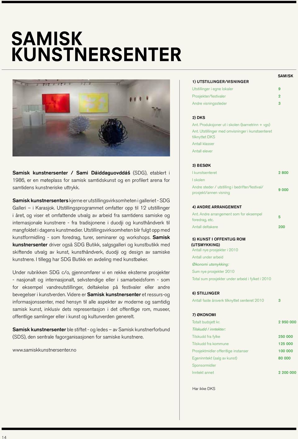 en profilert arena for samtidens kunstneriske uttrykk. Samisk kunstnersenters kjerne er utstillingsvirksomheten i galleriet - SDG Galleri i Karasjok.