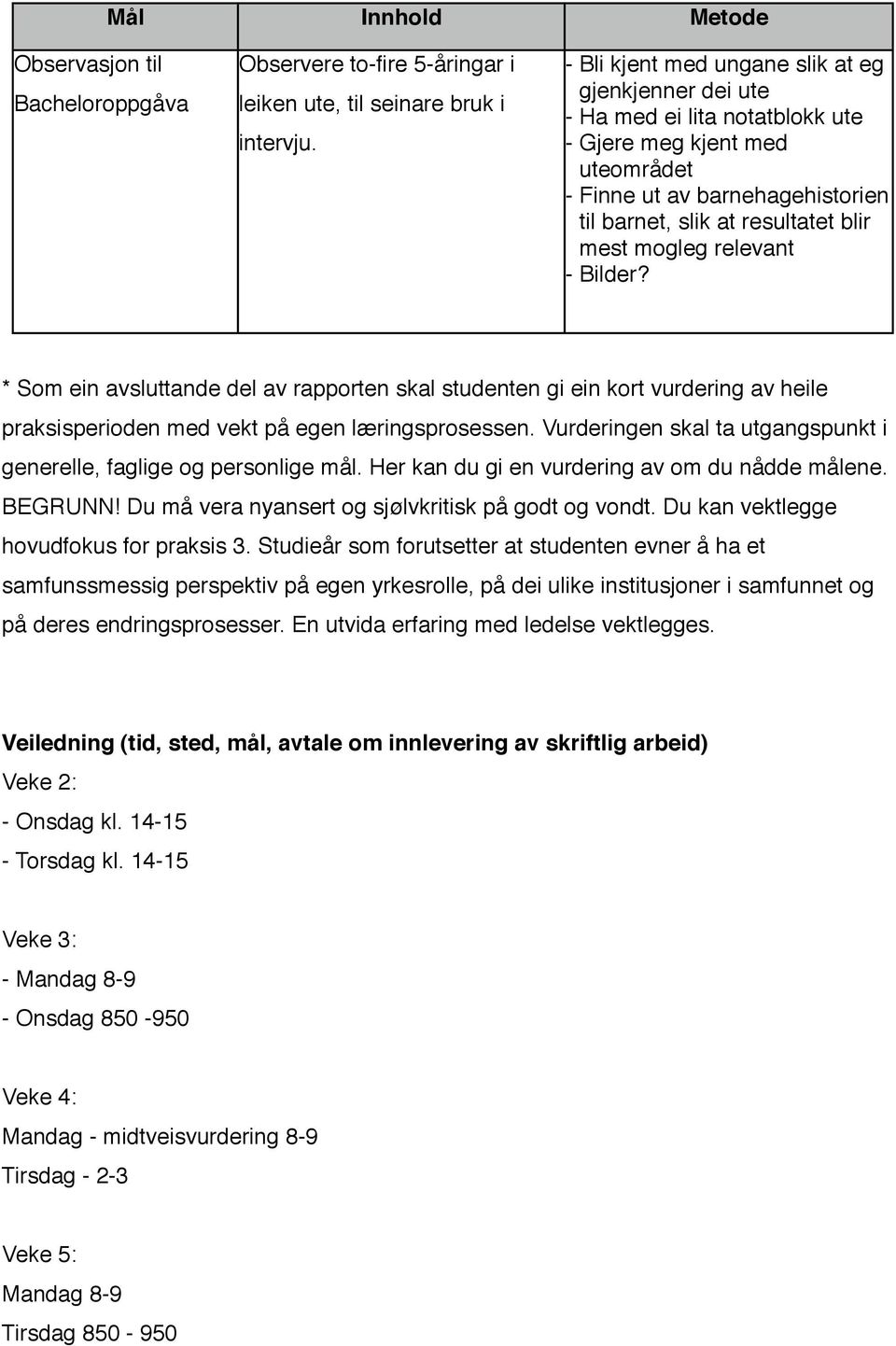 relevant - Bilder? * Som ein avsluttande del av rapporten skal studenten gi ein kort vurdering av heile praksisperioden med vekt på egen læringsprosessen.