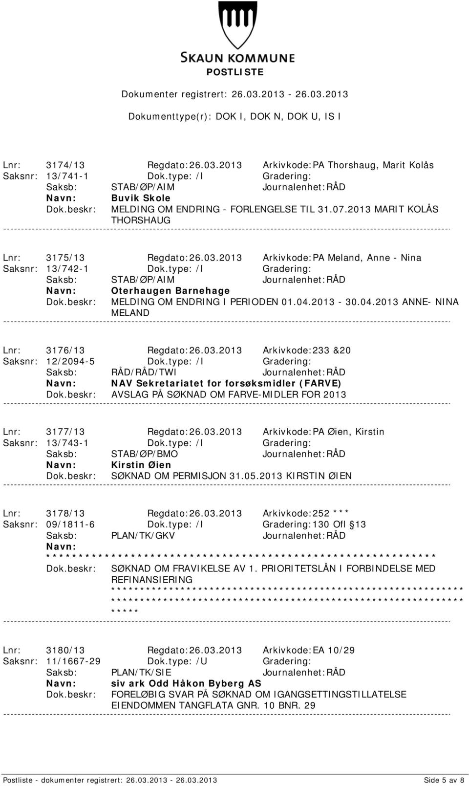 04.2013 ANNE- NINA MELAND Lnr: 3176/13 Regdato:26.03.2013 Arkivkode:233 &20 Saksnr: 12/2094-5 Dok.