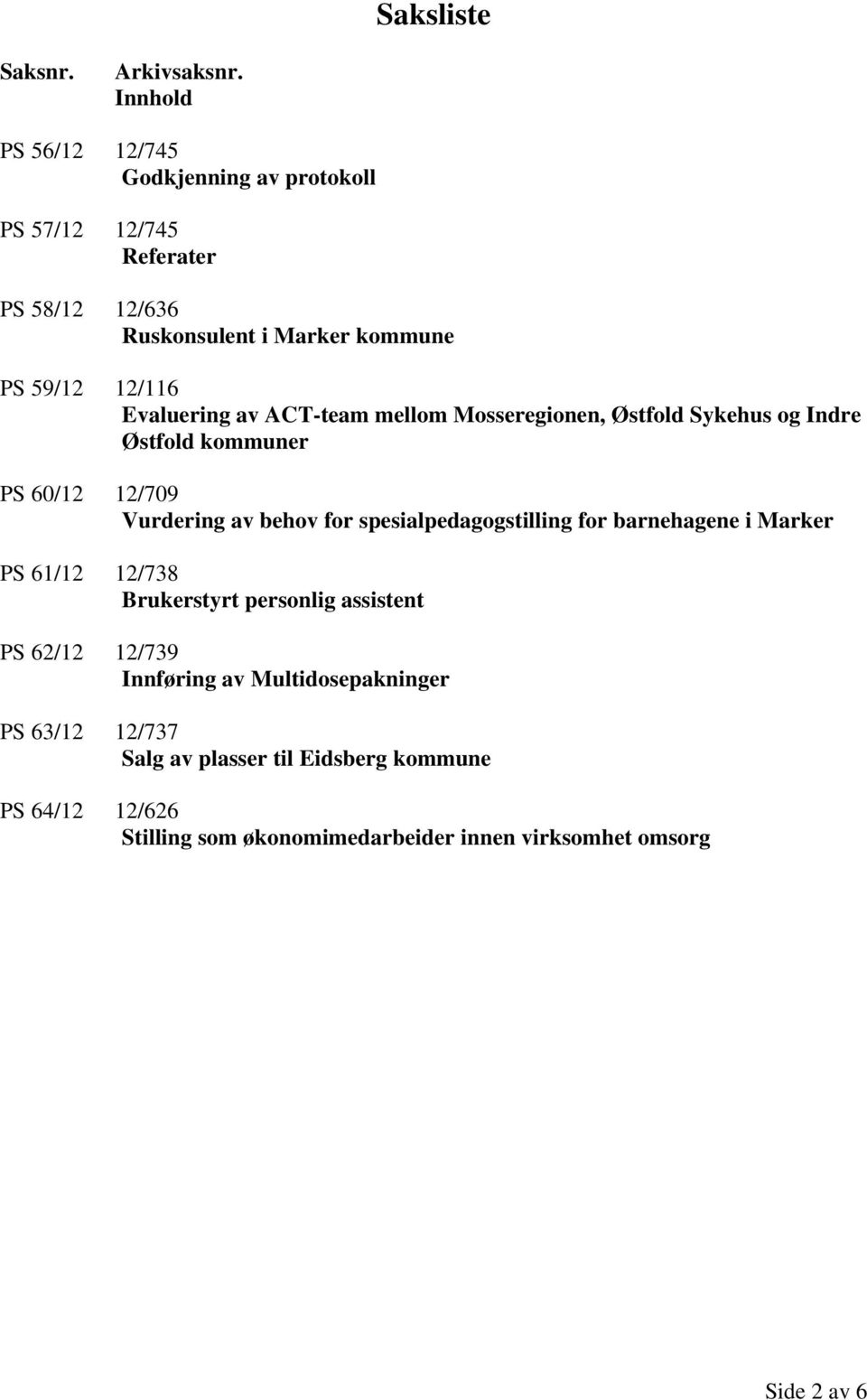 Evaluering av ACT-team mellom Mosseregionen, Østfold Sykehus og Indre Østfold kommuner PS 60/12 12/709 Vurdering av behov for