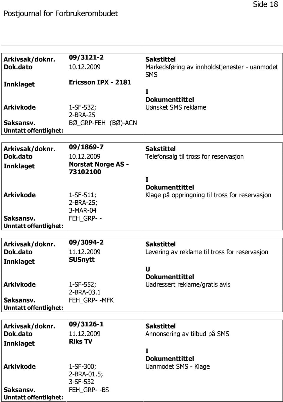 2009 Telefonsalg til tross for reservasjon nnklaget Norstat Norge AS - 73102100 1-SF-511; ; 3-MAR-04 Klage på oppringning til tross for reservasjon FEH_GRP- - Arkivsak/doknr.