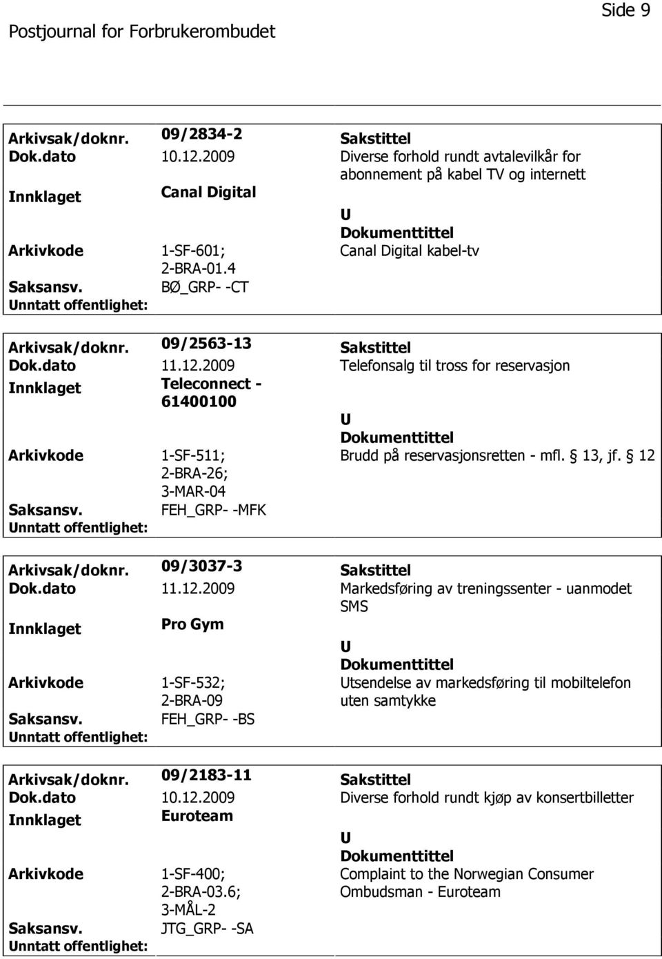 2009 Telefonsalg til tross for reservasjon nnklaget Teleconnect - 61400100 1-SF-511; 2-BRA-26; 3-MAR-04 Brudd på reservasjonsretten - mfl. 13, jf. 12 FEH_GRP- -MFK Arkivsak/doknr.