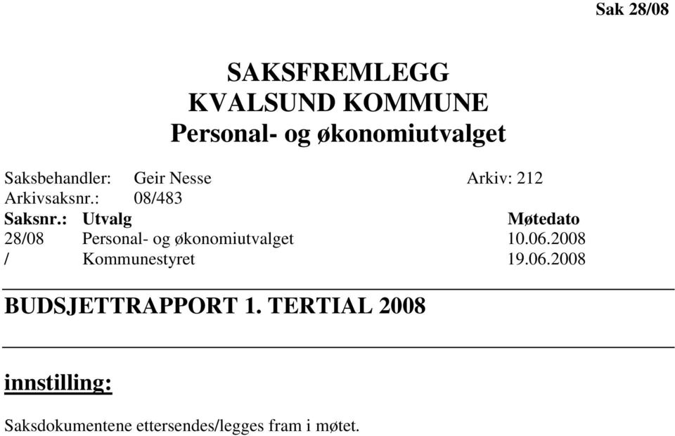 : Utvalg Møtedato 28/08 10.06.2008 / Kommunestyret 19.06.2008 BUDSJETTRAPPORT 1.