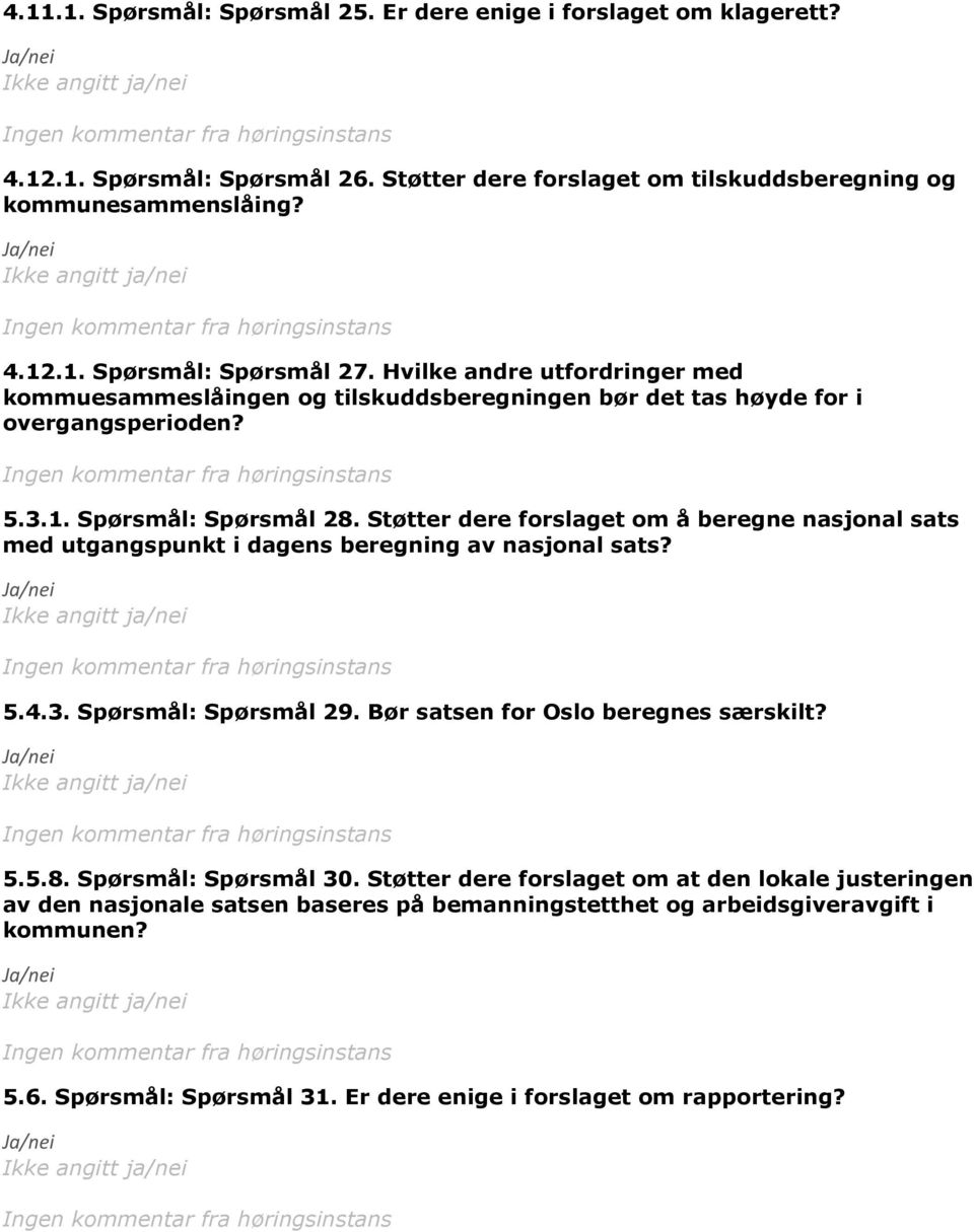 Støtter dere forslaget om å beregne nasjonal sats med utgangspunkt i dagens beregning av nasjonal sats? 5.4.3. Spørsmål: Spørsmål 29. Bør satsen for Oslo beregnes særskilt? 5.5.8.