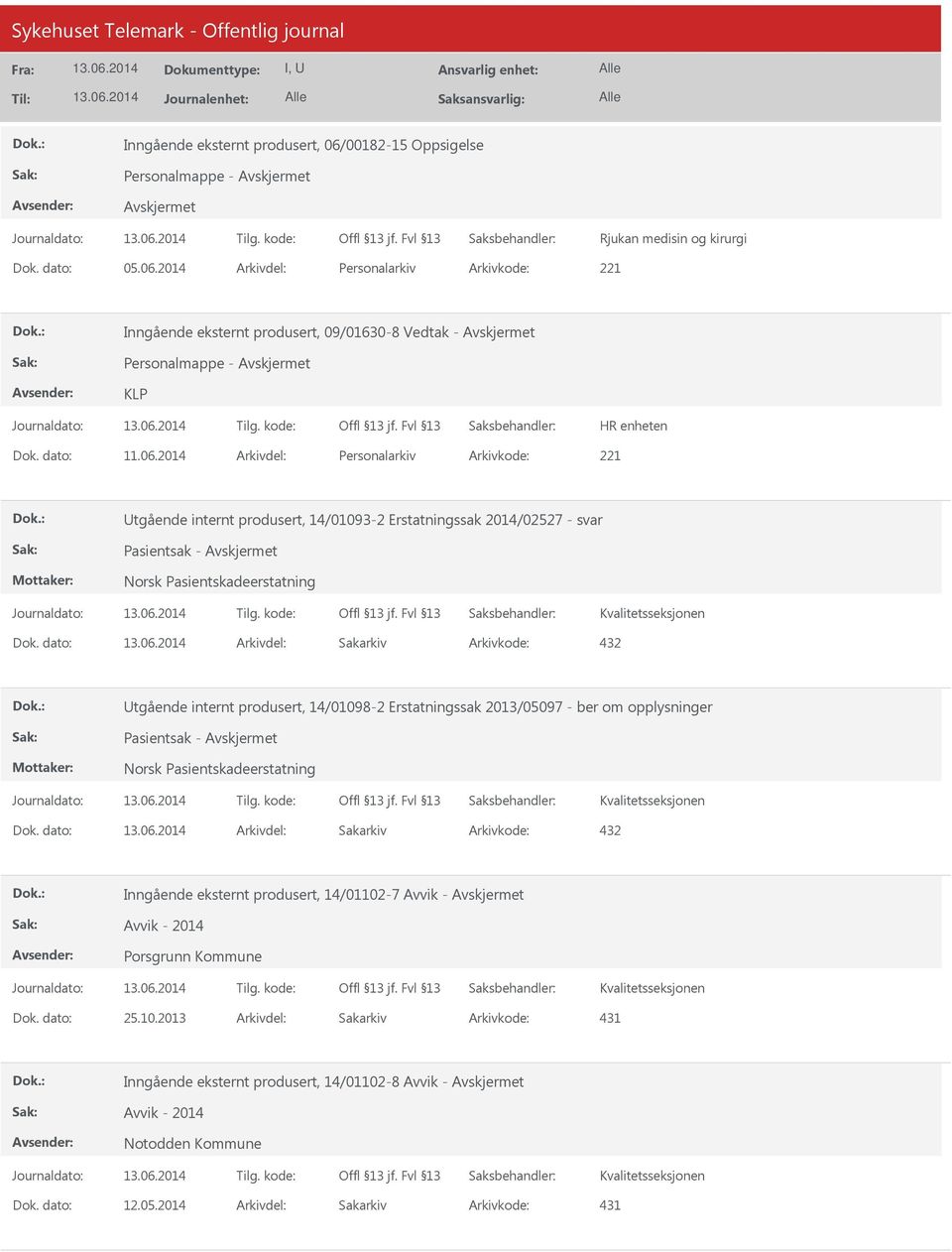 dato: Arkivdel: Sakarkiv Utgående internt produsert, 14/01098-2 Erstatningssak 2013/05097 - ber om opplysninger Pasientsak - Dok.