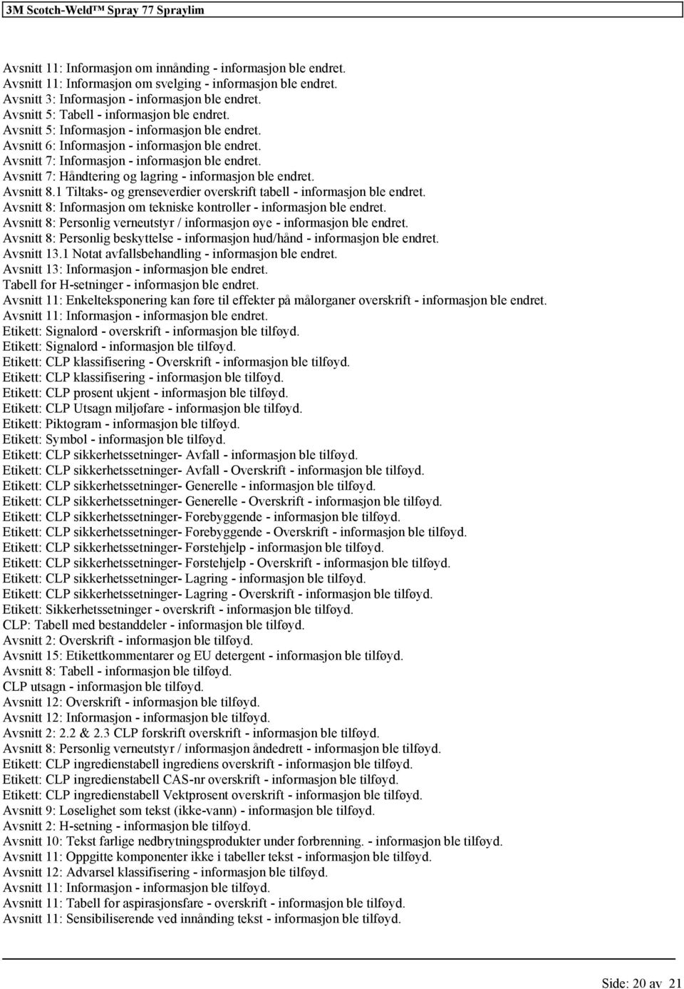 1 Tiltaks- og grenseverdier overskrift tabell - inmasjon ble endret. Avsnitt 8: Inmasjon om tekniske kontroller - inmasjon ble endret.