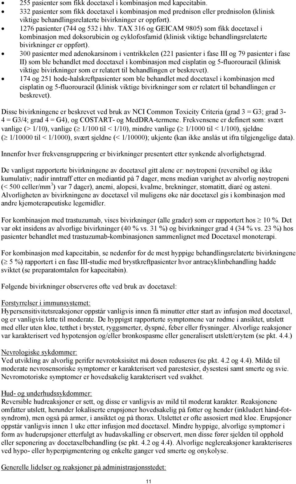 TAX 316 og GEICAM 9805) som fikk docetaxel i kombinasjon med doksorubicin og cyklofosfamid (klinisk viktige behandlingsrelaterte bivirkninger er oppført).