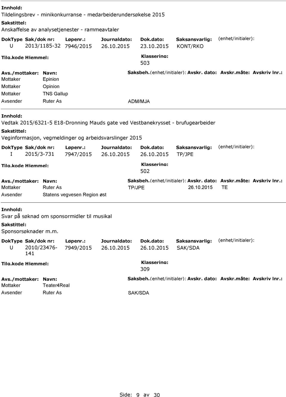 : Mottaker Epinion Mottaker Mottaker Opinion TNS Gallup ADM/MJA Vedtak 2015/6321-5 E18-Dronning Mauds gate ved Vestbanekrysset - brufugearbeider 2015/3-731 7947/2015 Avs.