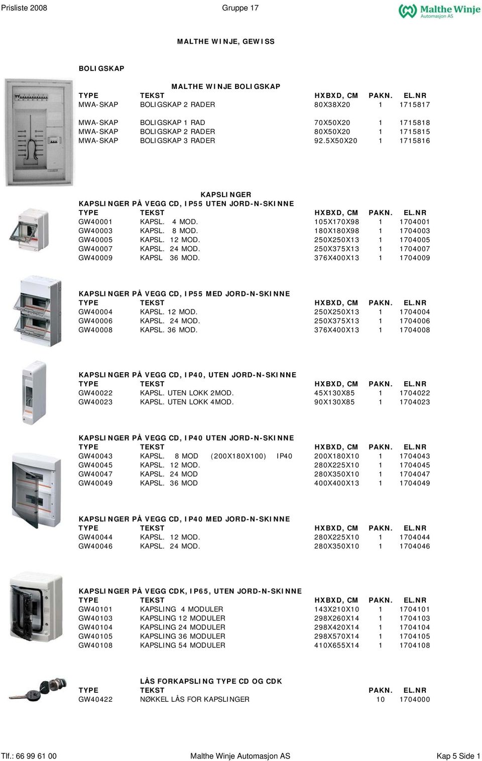 250X250X13 1 1704005 GW40007 KAPSL. 24 MOD. 250X375X13 1 1704007 GW40009 KAPSL 36 MOD. 376X400X13 1 1704009 KAPSLINGER PÅ VEGG CD, IP55 MED JORD-N-SKINNE GW40004 KAPSL. 12 MOD.