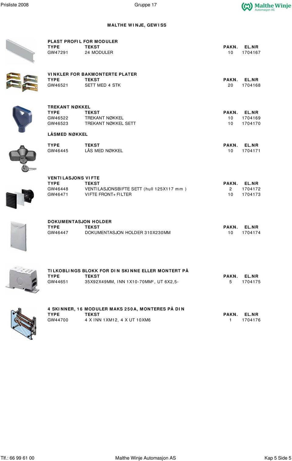 VIFTE FRONT+FILTER 10 1704173 DOKUMENTASJON HOLDER GW46447 DOKUMENTASJON HOLDER 310X230MM 10 1704174 TILKOBLINGS BLOKK FOR DIN SKINNE ELLER MONTERT PÅ GW44651 35X92X49MM, INN