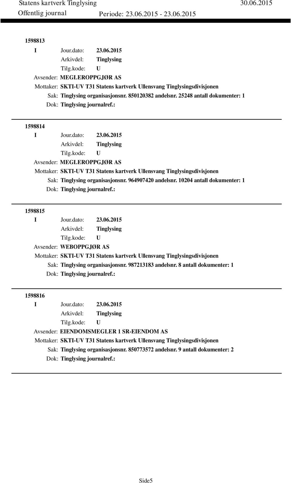 10204 antall dokumenter: 1 Dok: journalref.: 1598815 Avsender: WEBOPPGJØR AS Mottaker: SKTI-V T31 Statens kartverk llensvang sdivisjonen Sak: organisasjonsnr. 987213183 andelsnr.