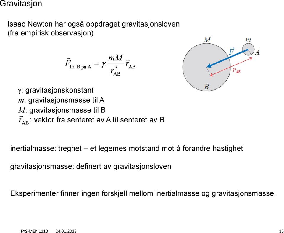 M: gavitasjonsmasse til B AB inetialmasse: teghet et legemes motstand mot å foande hastighet gavitasjonsmasse: