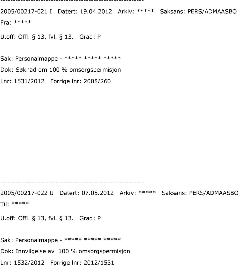 Grad: P Sak: Personalmappe - ***** ***** ***** Dok: Søknad om 100 % omsorgspermisjon Lnr: 1531/2012 Forrige lnr: