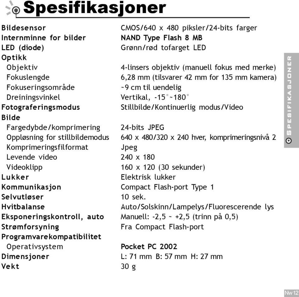 modus/video Bilde Fargedybde/komprimering 24-bits JPEG Oppløsning for stillbildemodus 640 x 480/320 x 240 hver, komprimeringsnivå 2 Komprimeringsfilformat Jpeg Levende video 240 x 180 Videoklipp 160