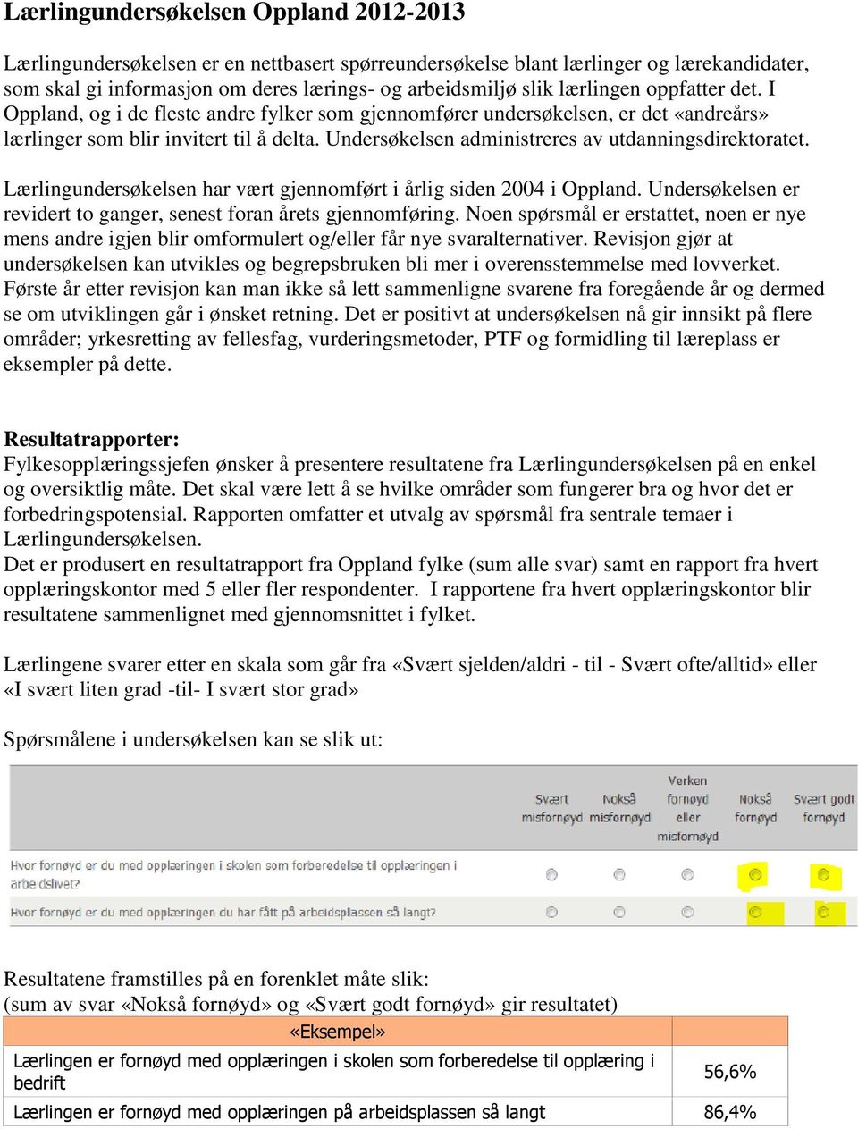 Undersøkelsen administreres av utdanningsdirektoratet. Lærlingundersøkelsen har vært gjennomført i årlig siden 2004 i Oppland. Undersøkelsen er revidert to ganger, senest foran årets gjennomføring.