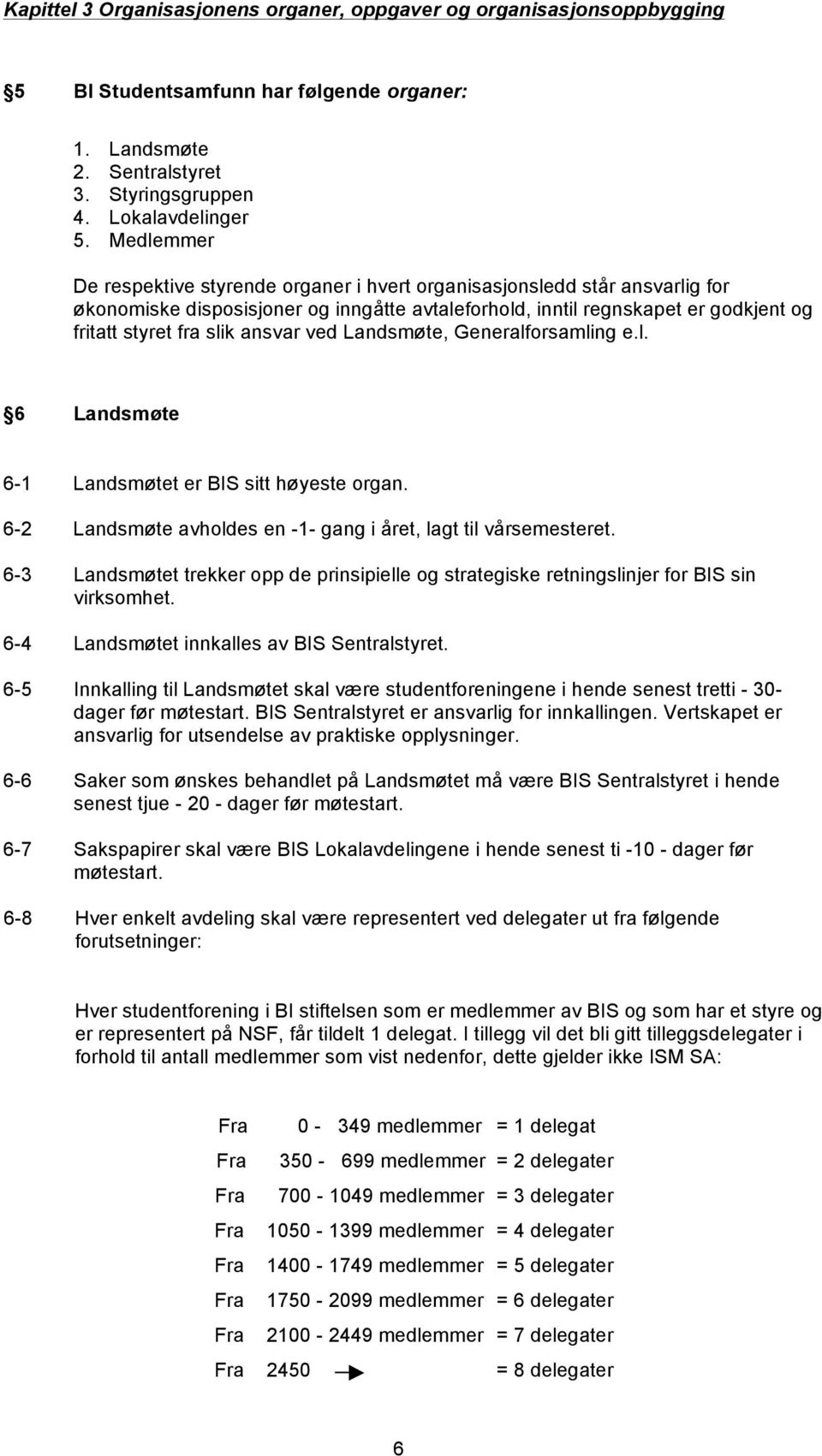 ansvar ved Landsmøte, Generalforsamling e.l. 6 Landsmøte 6-1 Landsmøtet er BIS sitt høyeste organ. 6-2 Landsmøte avholdes en -1- gang i året, lagt til vårsemesteret.