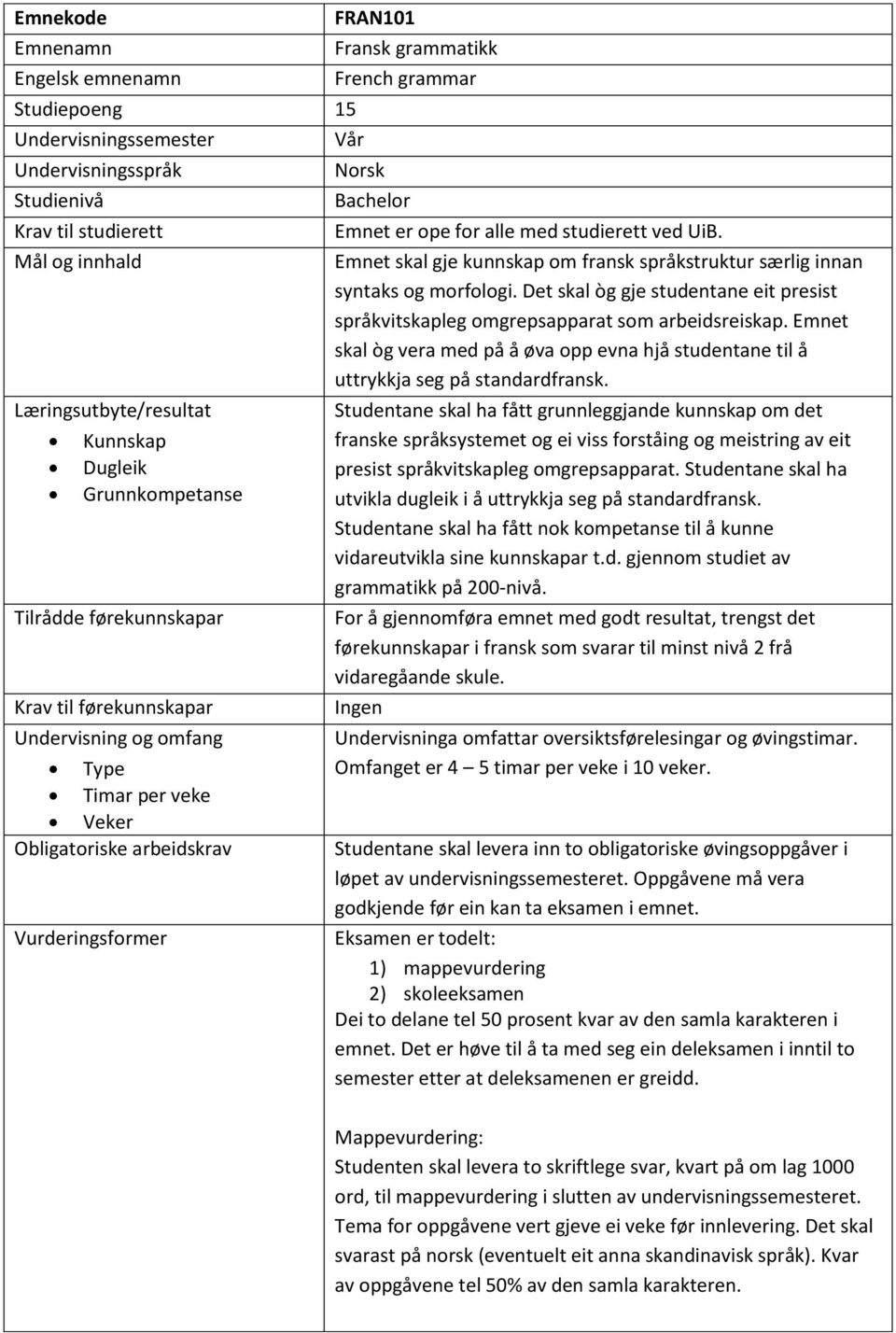 Det skal òg gje studentane eit presist språkvitskapleg omgrepsapparat som arbeidsreiskap. Emnet skal òg vera med på å øva opp evna hjå studentane til å uttrykkja seg på standardfransk.