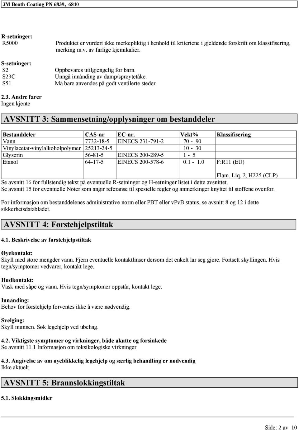 Andre farer Ingen kjente AVSNITT 3: Sammensetning/opplysninger om bestanddeler Bestanddeler CAS-nr EC-nr.